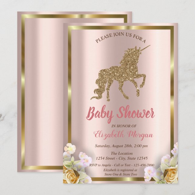 Convites Chá de Bebê Floral Unicórnio Elegante com Brilho D (Frente/Verso)