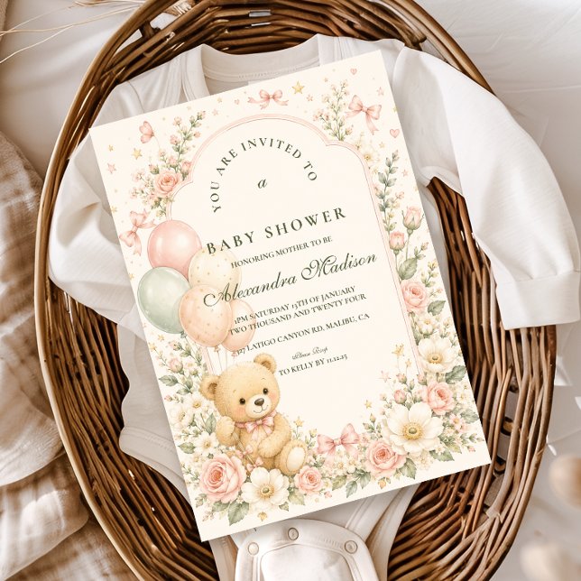 Convites Chá de Bebê Floral Urso Teddy Fofo (Criador carregado)