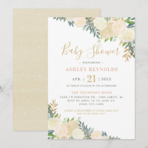 Chá de Bebê Floral Verde Creme Elegante Dourado