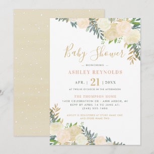 Convites Chá de Bebê Floral Verde Creme Elegante Dourado