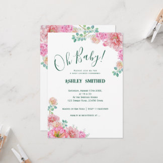 Convites Chá de Bebê Floral Verde e Rosa em Aquarela