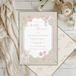 Convites Chá de Bebê Floral Vintage Cordeiro Fofo