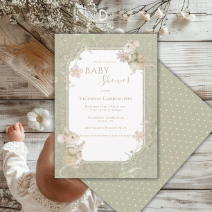 Convites Chá de Bebê Floral Vintage Sage Verde Fofo