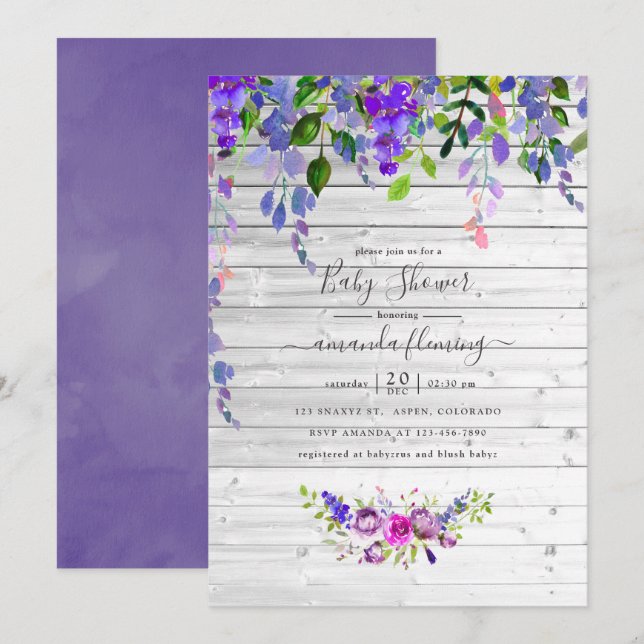 Convites Chá de Bebê Floral Violeta Aquarela Rústica (Frente/Verso)