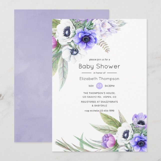 Convites Chá de Bebê Floral Violeta Pastel e Ameixa (Frente/Verso)