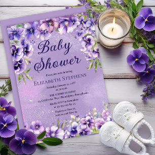 Convites Chá de Bebê Floral Violetas Roxas Elegantes