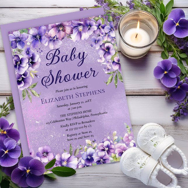 Convites Chá de Bebê Floral Violetas Roxas Elegantes (Elegant Boho Purple Violets Lavender Floral Baby Shower Invitation - Print | Digital Download)