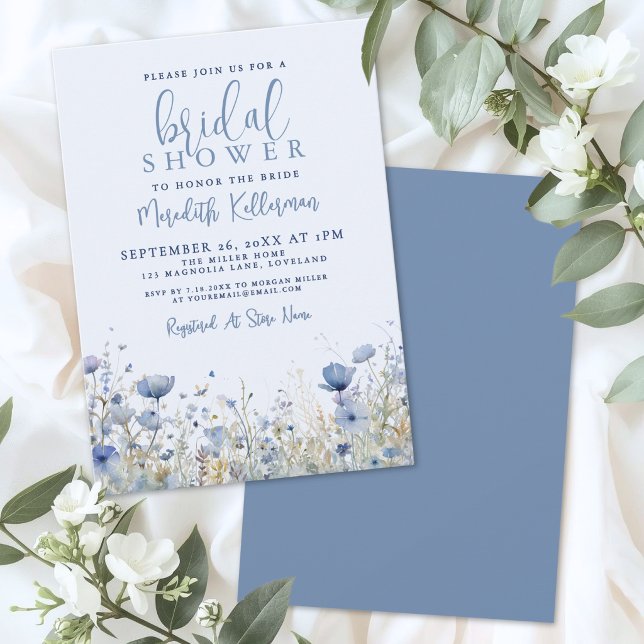 Convites Chá de Bebê Floral Wildflower Blue (Wildflower Blue Floral Bridal Shower Invitation)