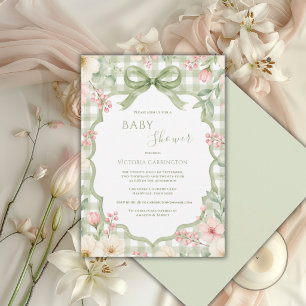 Convites Chá de Bebê Floral Xadrez Verde Branco Caprichoso