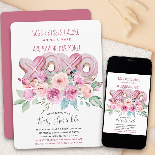 Convites Chá de Bebê Floral XOXO Meninas Lindas (XOXO baby sprinkle invitation with cute poem cookies and flowers)