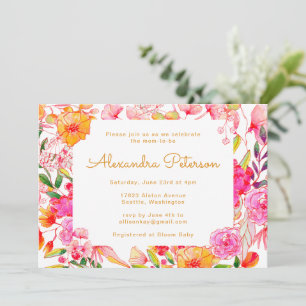 Convites Chá de Bebê Flores Aquarela Rosa e Laranja