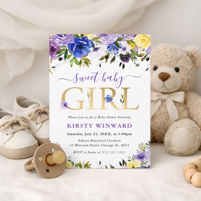 Convites Chá de Bebê Flores de Verão Roxo e Creme (Criador carregado)