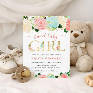 Convites Chá de Bebê Flores Rosa e Verde Água