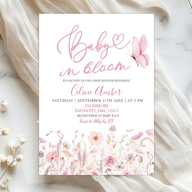 Convites Chá de Bebê Flores Silvestres Boho Rosa (Criador carregado)