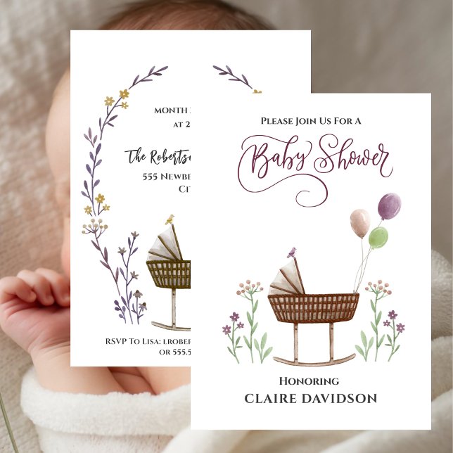 Convites Chá de Bebê Flores Silvestres e Balões (Wild Flowers and Balloons Baby Shower Invitation)