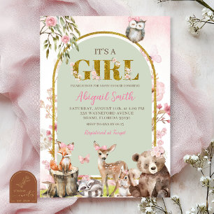 Convites Chá de Bebê Floresta de Madeira Verde Sage Rosa