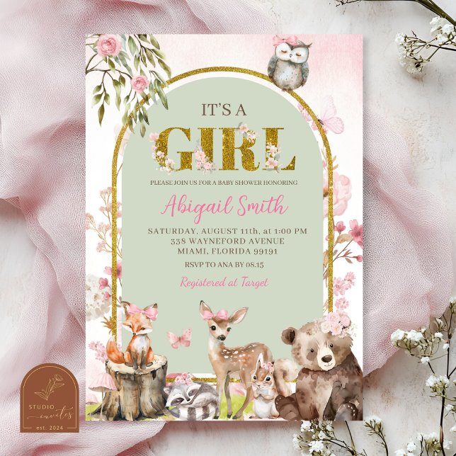 Convites Chá de Bebê Floresta de Madeira Verde Sage Rosa (Criador carregado)