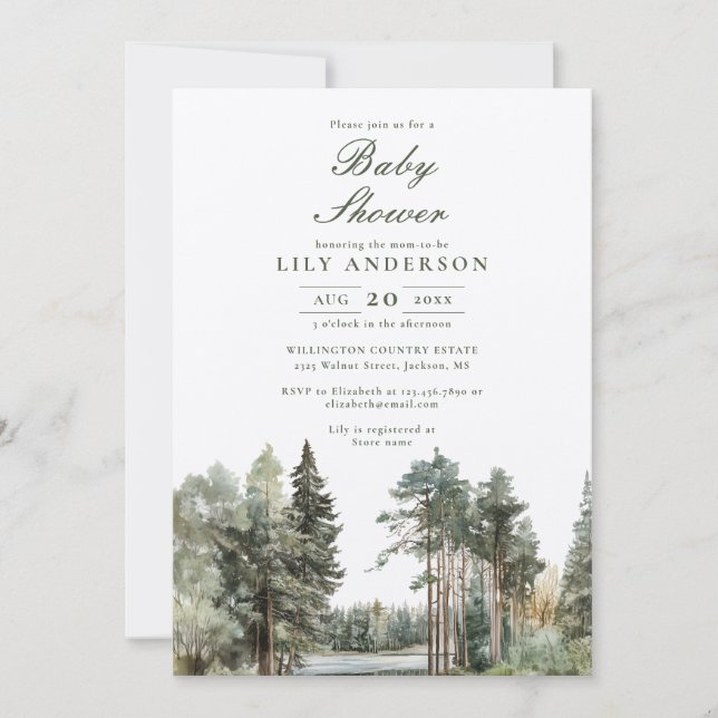 Convites Chá de Bebê Floresta do Lago Aquarela Rústica (Frente)