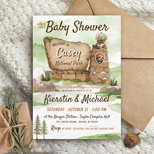 Convites Chá de Bebê Floresta Fofa Parque Nacional Aquarela (Watercolor National Park Cute Woodland Camping Hiking Gender Neutral Baby Boy Girl Shower Invitation)