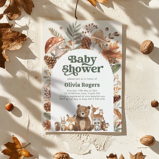 Convites Chá de Bebê Floresta Fox Deer Urso Neutro (Woodland Baby Shower Invitation featuring cute Forest animals. Baby Boy orGender Neutral Baby Shower)