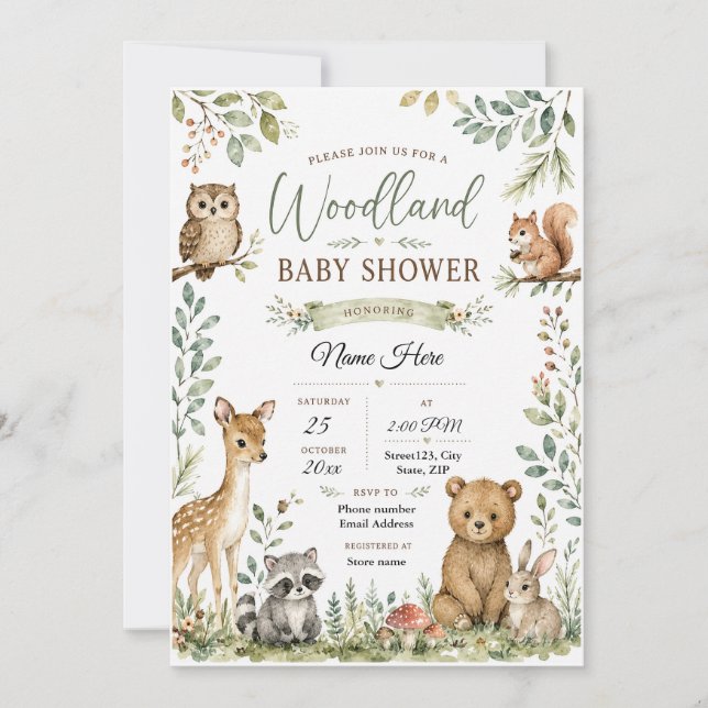 Convites Chá de Bebê Floresta Personalizado | Animais da Fl (Frente)