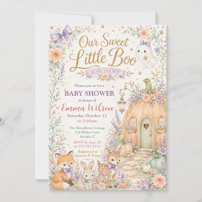 Convites Chá de Bebê Florestal Doce Pequeno Boo (Frente)