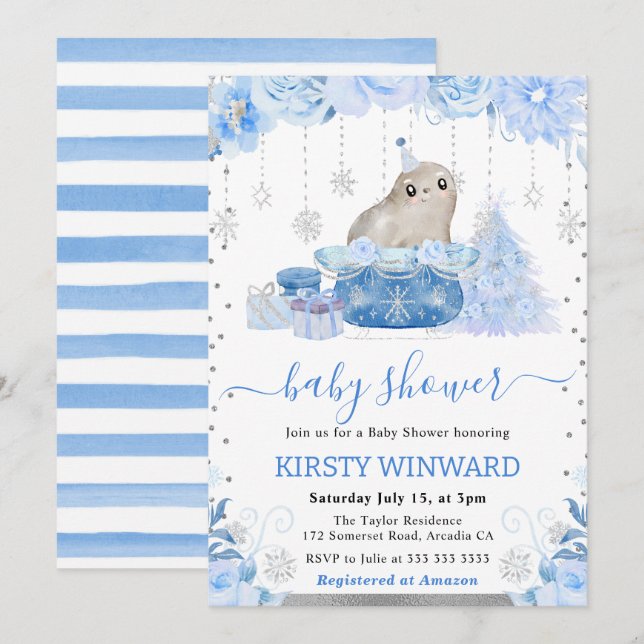 Convites Chá de Bebê Foca Ártica com Aquarela Floral (Frente/Verso)