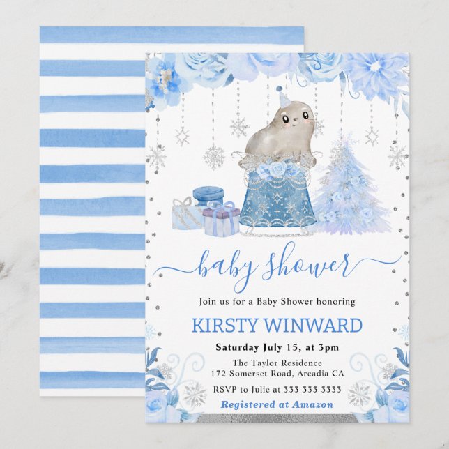 Convites Chá de Bebê Foca Ártica com Aquarela Floral (Frente/Verso)