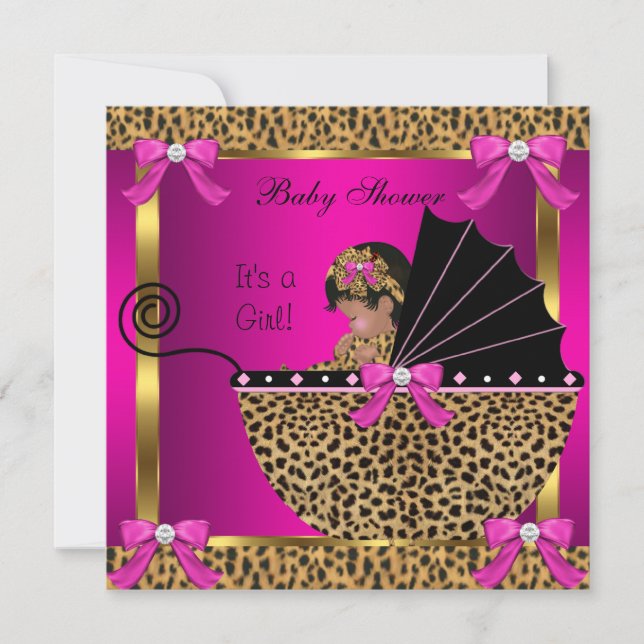 Convites Chá de Bebê Fofa Menina Leopardo Rosa Dourado (Frente)