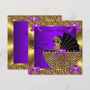 Convites Chá de Bebê Fofa Menina Leopardo Roxo Dourado