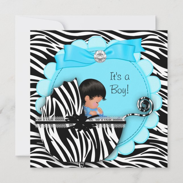 Convites Chá de Bebê Fofinho Bebê Menino Azul Zebra Carrinh (Frente)