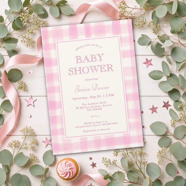 Convites Chá de Bebê Fofo Clássico em Xadrez Rosa (Cute Classic Pink Gingham Baby Shower Invitation)