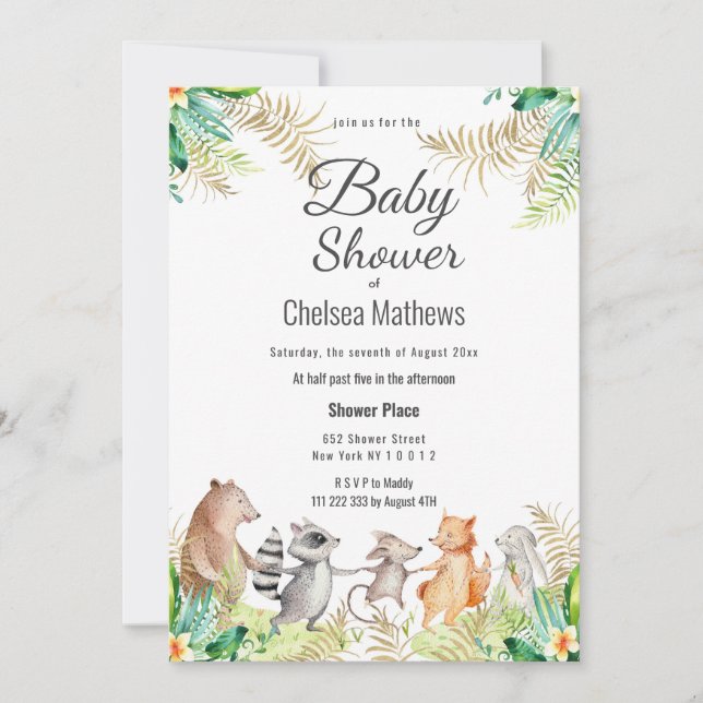 Convites Chá de Bebê Fofo Dourado Verde Marrom Floral Anima (Frente)