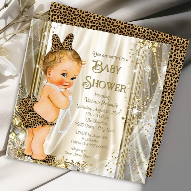 Convites Chá de Bebê Fofo e Glamouroso de Menina com Estamp (Cute leopard baby girl shower invitation. Instant download and printed invitations available.)