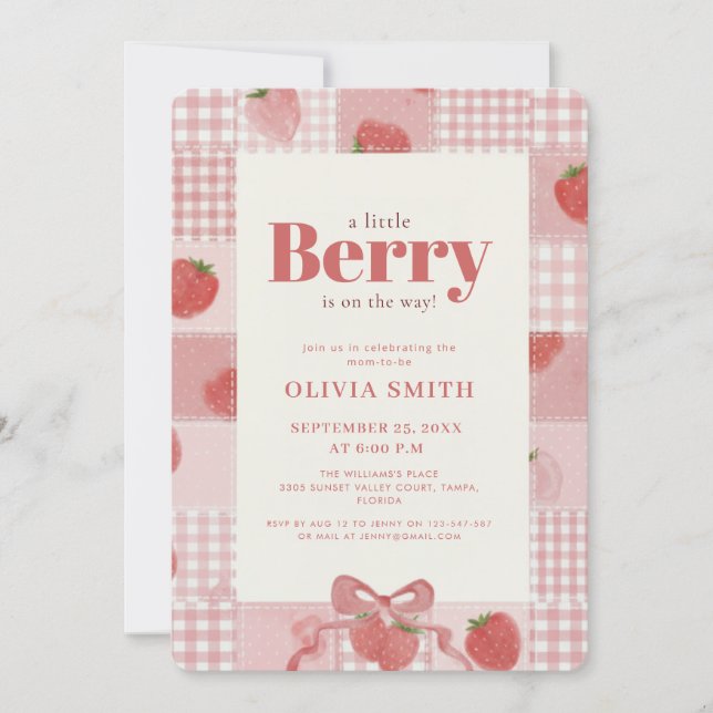 Convites Chá de Bebê Fofo Rosa Xadrez Berry Doce (Frente)