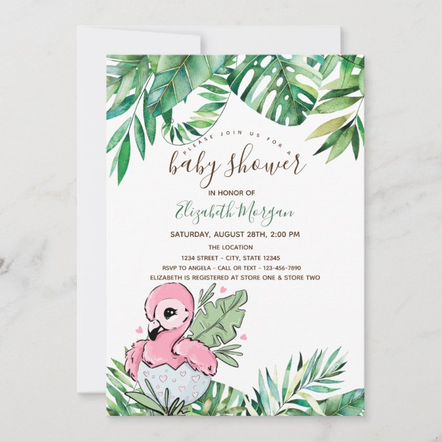 Convites Chá de Bebê Folhas Tropicais Flamingo Bebê  (Frente)
