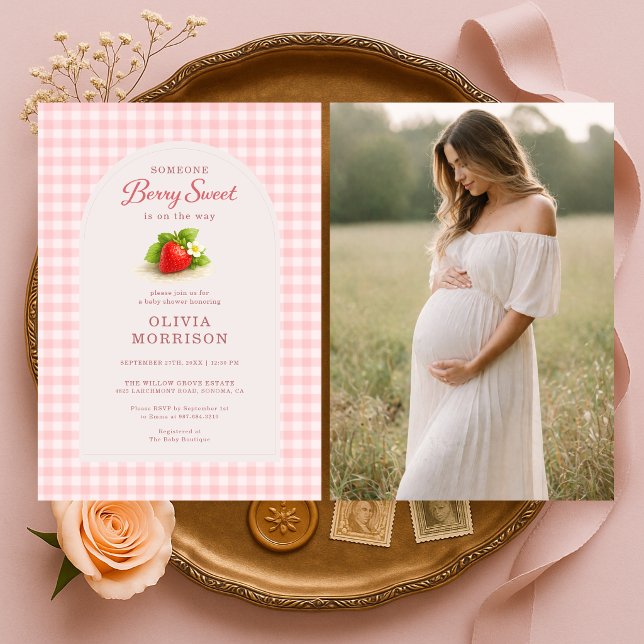 Convites Chá de Bebê Foto Gingham Morango Doce (Criador carregado)