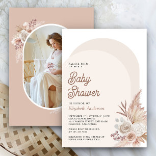 Convites Chá de Bebê Foto Pampas Floral Bege Neutro