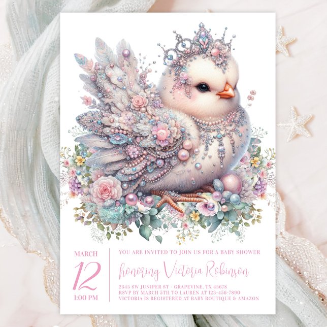 Convites Chá de Bebê Franguinho Joalheria (Precious jeweled chick with crown on a pretty pastel floral background. )
