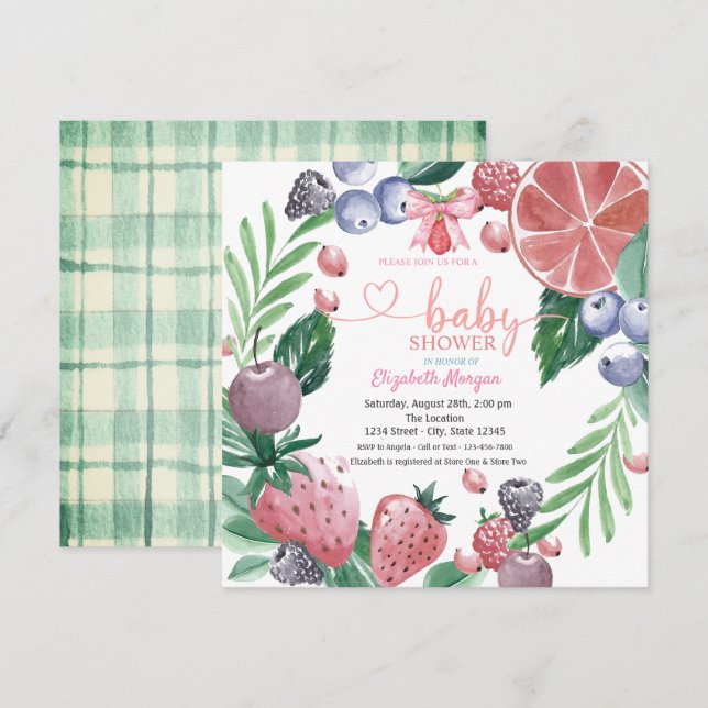 Convites Chá de Bebê Frutas em Aquarela Xadrez Doce (Frente/Verso)