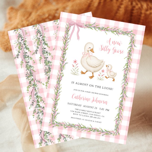 Convites Chá de Bebê Garland Silly Goose Rosa Xadrez (Criador carregado)