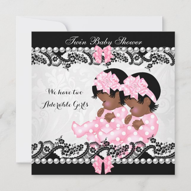 Convites Chá de Bebê Gêmeas Afro-Americanas Meninas Fofo Ro (Frente)