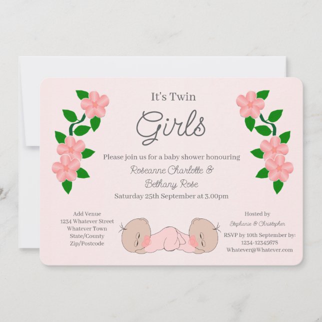 Convites Chá de Bebê Gêmeas Meninas (Frente)