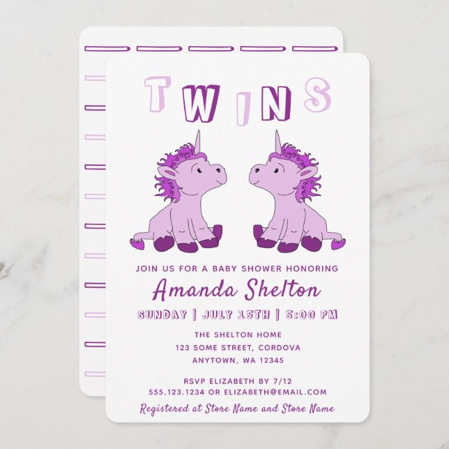 Convites Chá de Bebê Gêmeas Meninas Unicórnio Fofo Rosa (Frente/Verso)