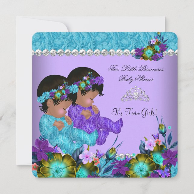 Convites Chá de Bebê Gêmeas Princesa Azul Turquesa Roxo (Frente)
