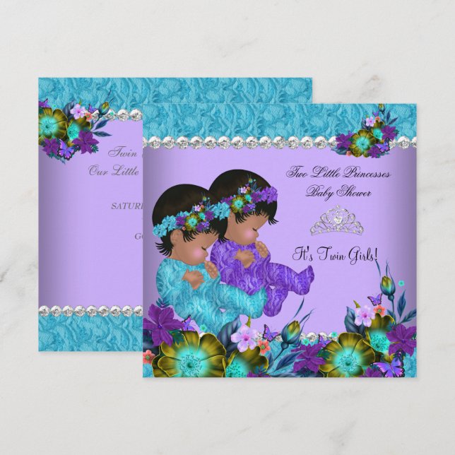 Convites Chá de Bebê Gêmeas Princesas Azul Turquesa Roxo (Frente/Verso)