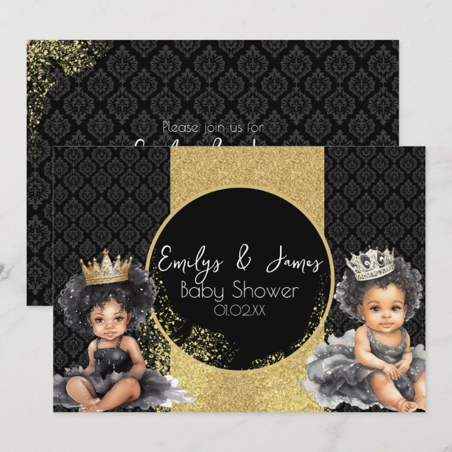 Convites Chá de Bebê Gêmeos Bebê Princesa Dourado Preto  (Frente/Verso)