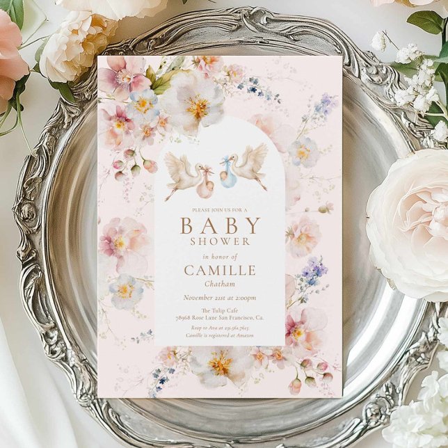Convites Chá de Bebê Gêmeos Menino e Menina com Flor Silves (Wildflower Stork Twins Girl and Boy Baby Shower Invitation)