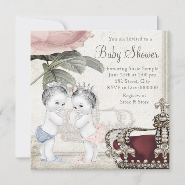 Convites Chá de Bebê Gêmeos Príncipe e Princesa (Frente)