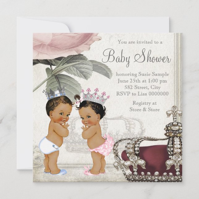 Convites Chá de Bebê Gêmeos Príncipe e Princesa Étnicos (Frente)